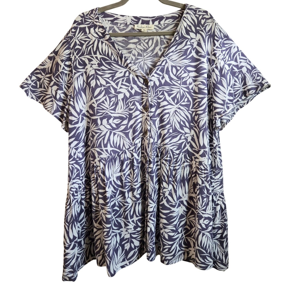 Indigo Rose Womens 3X Boho Periwinkle White Tropical‎ Palm Print Babydoll Blouse